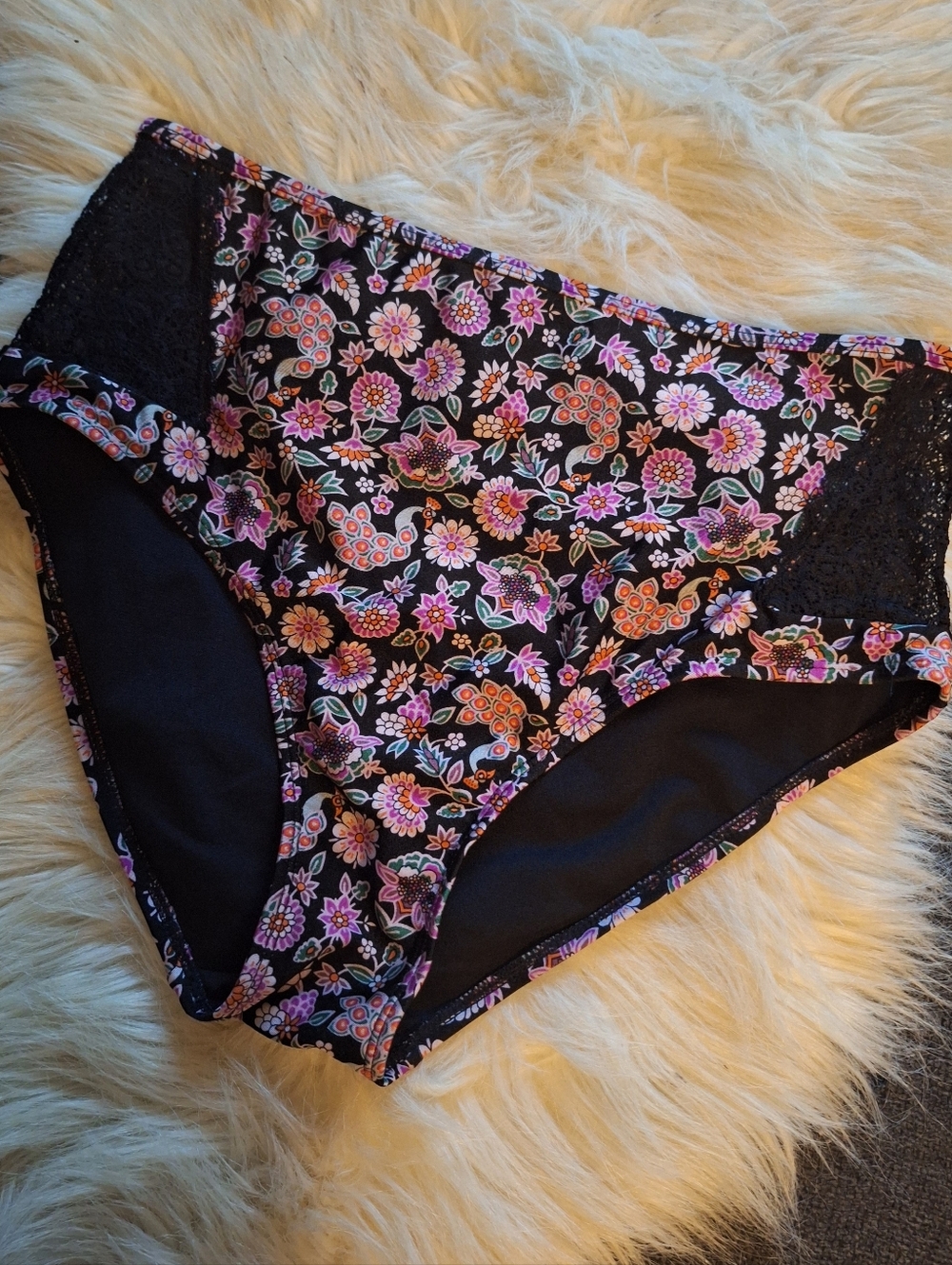 [[Time and Tru]] Black Floral High-Waist Briefs with Lace Panels